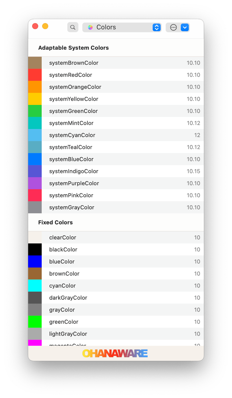 Aqua Swatch listing the system colors