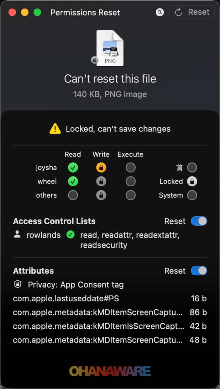 Permissions Reset, showing lots permissions and incorrect settings.