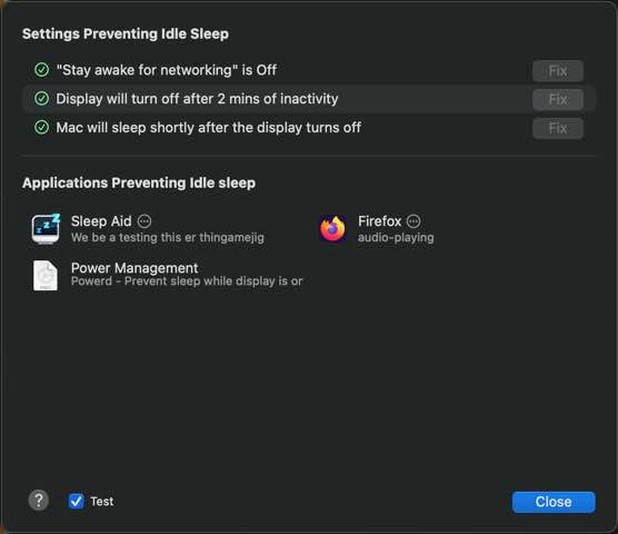 Sleep Check Window, listing a bunch of apps, running on macOS Sonoma